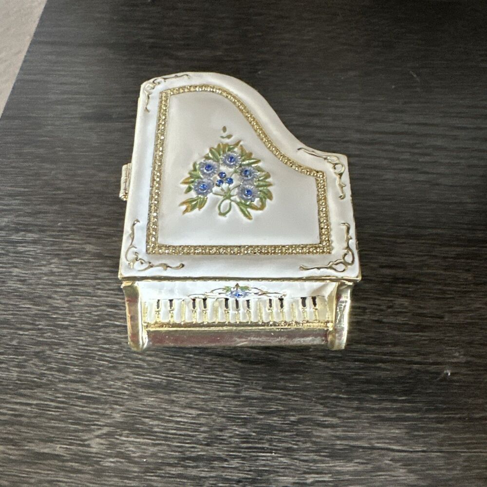 Keren Kopal White Piano Shaped Trinket Box Small Enamel Crystal